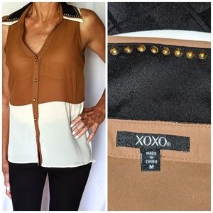 Sheer brown, gold & white sleeveless blouse